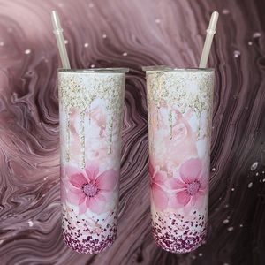 Glitter & Flowers Tumbler With Lid & Plastic Straw, 20oz Stainless Steel